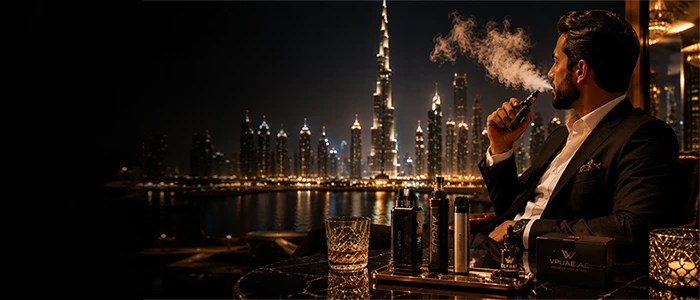 Luxury vaping scene in Dubai featuring a premium vape user with high-end vape devices and the Dubai skyline at night.