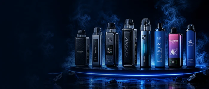 Premium vape devices collection featuring Vaporesso, OXVA, VOOPOO, ELFBAR, Geek Bar, and Al Fakher products on a blue illuminated display stage.