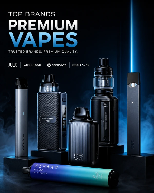 Luxury promotional banner featuring premium vape devices and disposable vapes from top brands including JUUL, Vaporesso, Geekvape, and OXVA on a dark blue neon background.