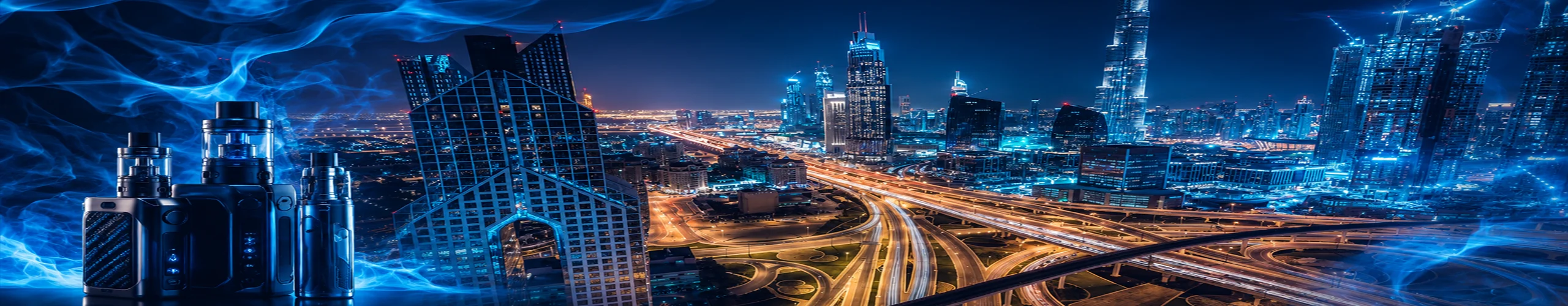 Premium vape devices with blue smoke effects and Dubai skyline at night, representing authentic vape products and fast delivery across the UAE.